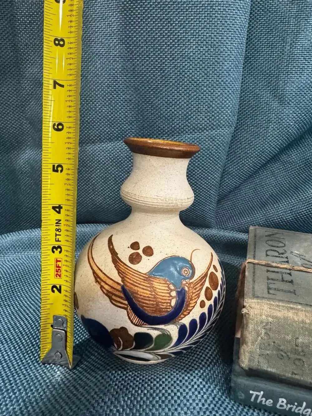 Vintage Tonala Mexican Folk Art Pottery Vase with Hand-Painted Bird Design